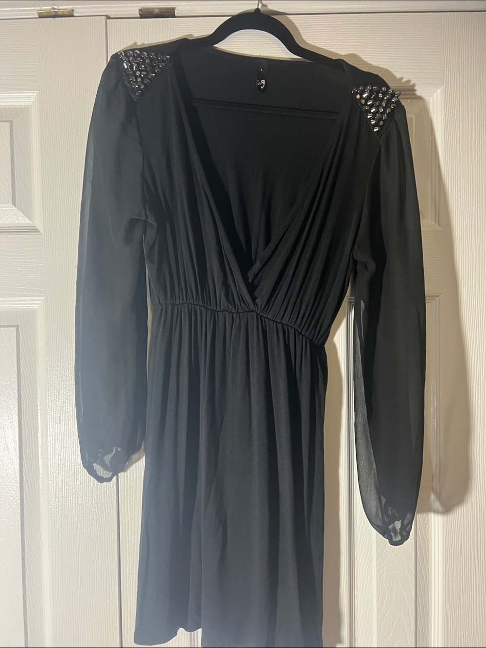 Ing Black Long Sleeve Surplice Dress with Beaded Shoulder Accents